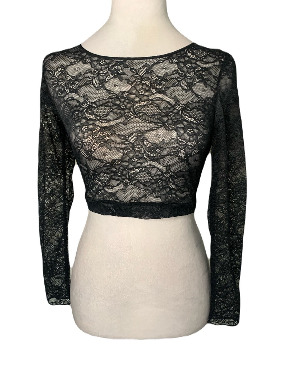 SPANX Womens Medium Black Long Sleeve Sheer Lace Crop Top Whimsigoth Goth